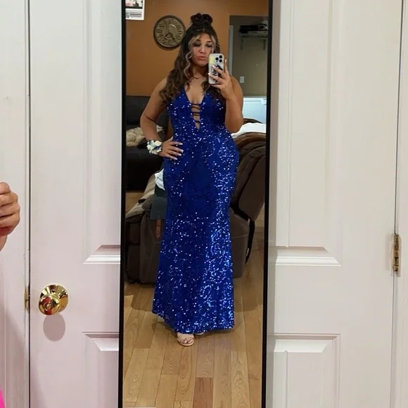 open lace back dress Royal Blue Halter Prom Dress Evening with Slit – Hoprom main image 1